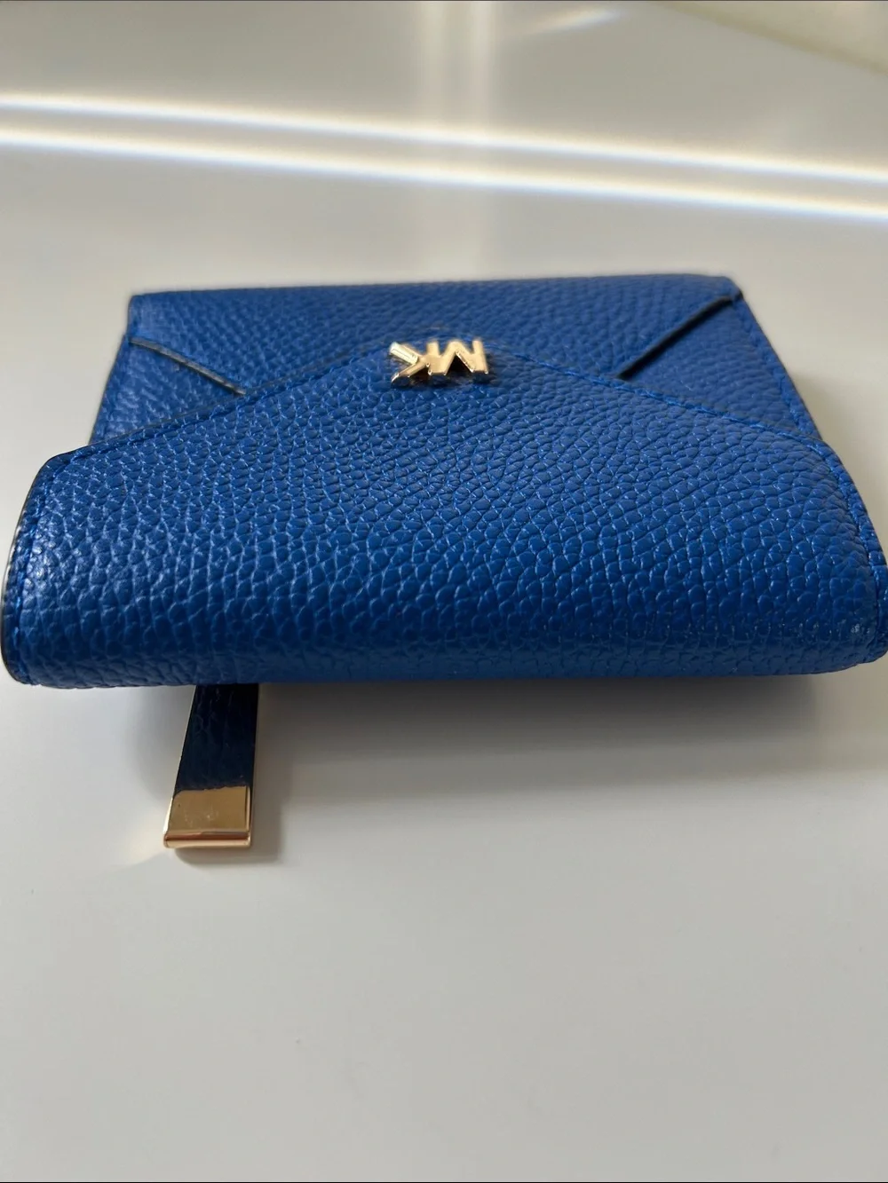 Michael Kors Cobalt Pebbled Leather Envelope Wallet with Gold MK - Picture 5 of 6